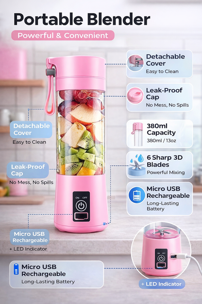 Portable USB Rechargeable Blender – 380ml Mini Juicer for Smoothies, Shakes & Juice | Travel Friendly Personal Blender